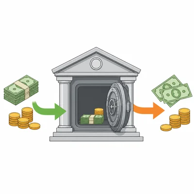 Money moving into and out of a bank account to show deposit and withdrawal.