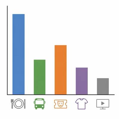 Unlabeled bar graph showing five spending categories with food highest, entertainment next, transportation, clothing, and subscriptions lowest.
