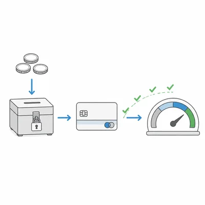 A secured credit card process showing a deposit, card use, and responsible payments building credit.