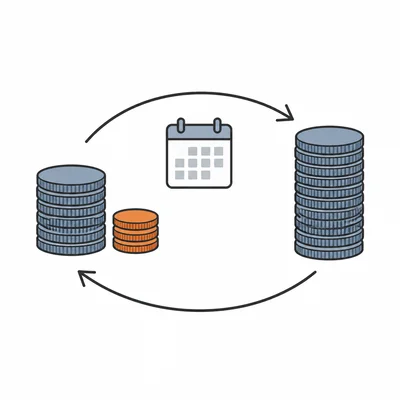 A payday loan diagram showing a borrowed amount, a fee, repayment, and a repeating debt cycle.