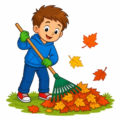 A child raking a pile of leaves.