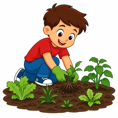 A child pulling weeds in a garden.