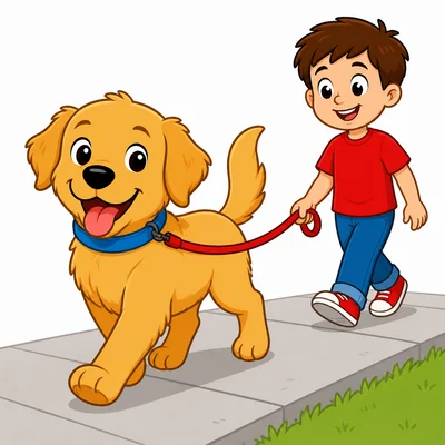 A child walking a dog on a leash.