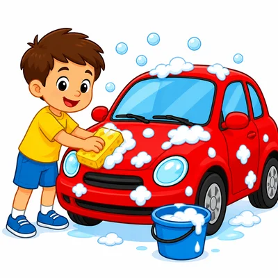 A child washing a car with a sponge.