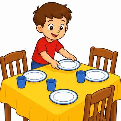 A child setting the dinner table.