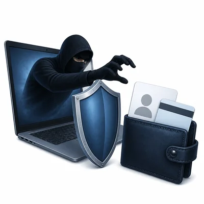 A thief reaches from a laptop toward personal cards while a shield blocks the theft.