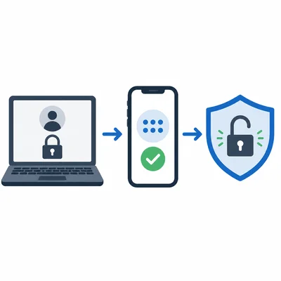A laptop login is protected by a phone verification step and a shield.