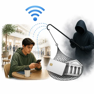 A hacker intercepts data from a phone using public Wi-Fi.