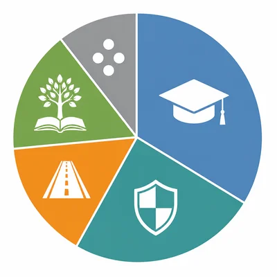 A five-slice local government budget pie chart with icons for education, safety, transportation, parks and libraries, and other services.