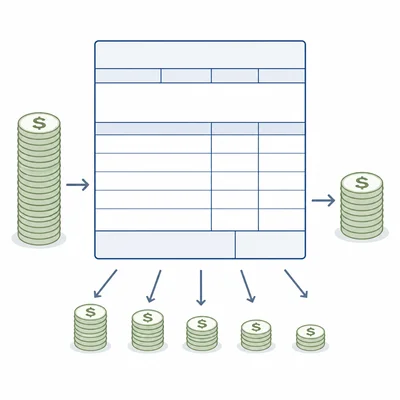 A simplified pay stub diagram showing money deducted from gross pay to leave net pay.