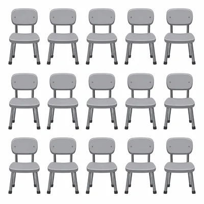 An array of gray chairs arranged in exactly 3 rows and 5 columns on a white background, showing 15 chairs total in a neat grid pattern with even spacing between each chair.