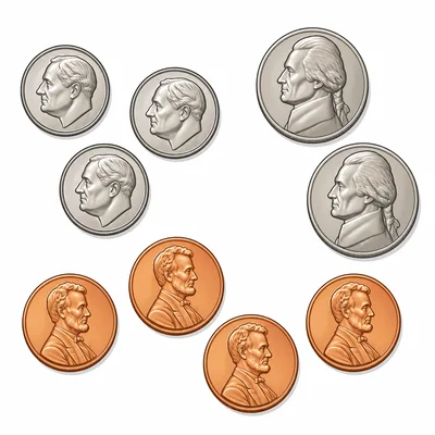 A flat-lay illustration of coins on a white background: three silver dimes, two silver nickels, and four copper pennies. The coins are spread out with each type grouped together.