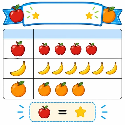 A pictograph titled Favorite Fruits with three labeled rows. The Apple row has 4 fruit icons, the Banana row has 6 fruit icons, and the Orange row has 3 fruit icons. A key box at the bottom shows each fruit icon equals 1 vote. The table has a light blue header row and clean black grid lines.