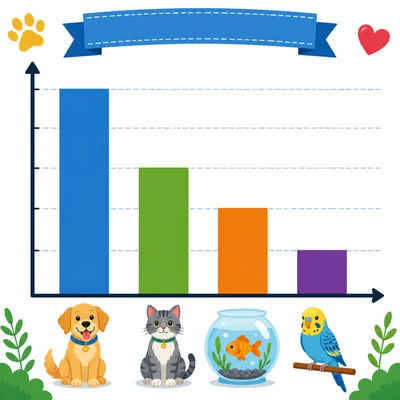 A vertical bar graph titled Pets Owned by Students with four bars. The Dogs bar reaches 8, the Cats bar reaches 5, the Fish bar reaches 4, and the Birds bar reaches 2. Horizontal gridlines and labeled axes are shown.