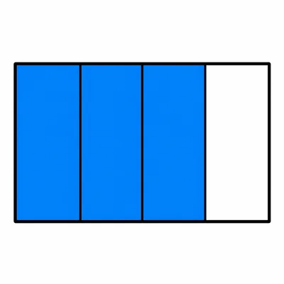 A horizontal rectangle divided into 4 equal vertical sections by three parallel vertical lines. Three sections are shaded solid blue and one section is white, with a clean black rectangular border.