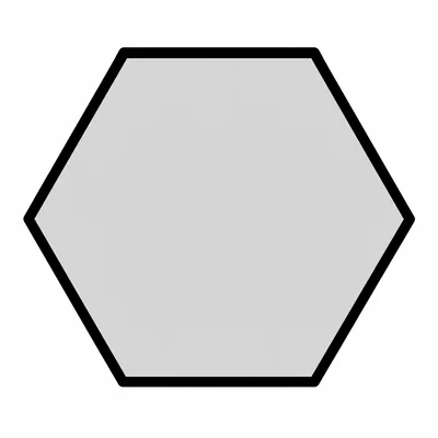 A regular hexagon with 6 perfectly equal sides and 6 equal interior angles, drawn with a thick black outline and filled with light gray shading, centered on a white background.