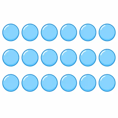 An array of filled light blue circles arranged in exactly 3 rows and 6 columns on a white background, showing 18 circles total in a neat grid pattern with even spacing between each circle.