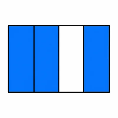 A horizontal rectangle divided into 4 equal vertical sections by three parallel vertical lines. Three sections are shaded solid blue and one section is white, with a clean black rectangular border.