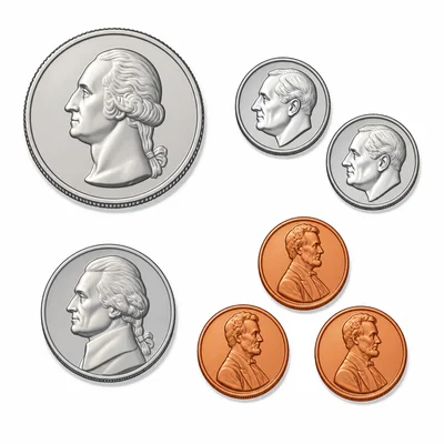 A flat-lay illustration of coins on a white background: one large silver quarter, two small silver dimes, one medium silver nickel, and three small copper pennies. The coins are spread out with each type grouped together.