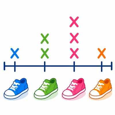 A simple line plot on a horizontal number line from 6 to 9 labeled 'Shoe Lengths in Inches'. One X mark above 6, two X marks above 7, three X marks above 8, and one X mark above 9.