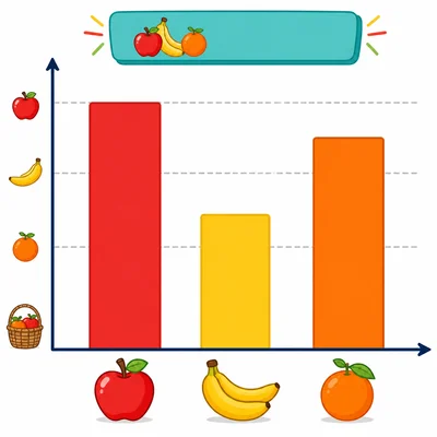 A vertical bar graph titled Favorite Fruits with three bars. The Apples bar reaches 8, the Bananas bar reaches 5, and the Oranges bar reaches 7. Horizontal gridlines at intervals of 2 are visible, with labeled axes.