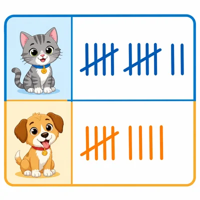 A tally chart with two rows. The Cats row shows 12 tally marks (two groups of 5 and two single marks). The Dogs row shows 9 tally marks (one group of 5 and four single marks). Each group of 5 is crossed with a diagonal line.