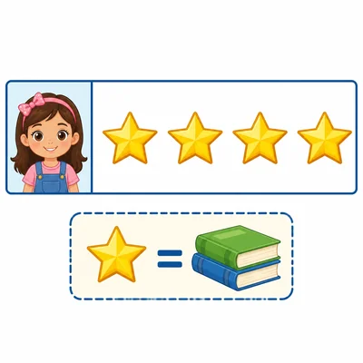 A simple picture graph with one row labeled Sara showing 4 gold star icons evenly spaced. A key box at the bottom shows one star icon equals 2 books.