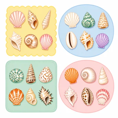 Four equal groups of seashells.