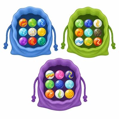 Three bags with equal groups of marbles.