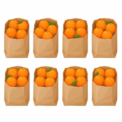 Bags of oranges with equal groups inside.