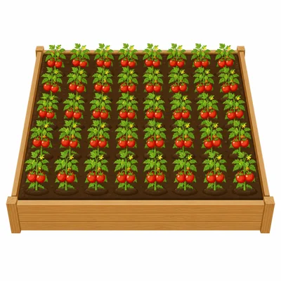 Tomato plants arranged in rows.