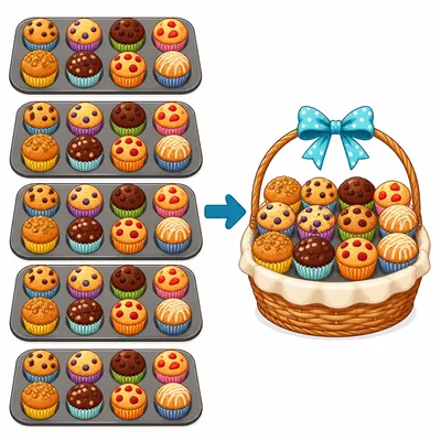 Five trays of muffins with some muffins moved into a giveaway basket.