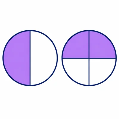 Two equal circles showing one half shaded and two fourths shaded.