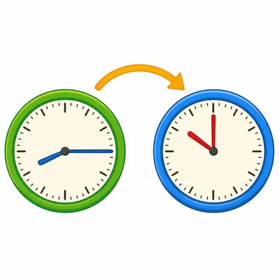 Two clocks showing 8:15 and 10:00 with an arrow between them.