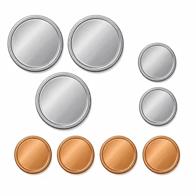 Groups of quarters, dimes, and pennies.