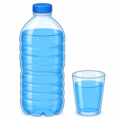 A large water bottle next to a smaller cup of water.