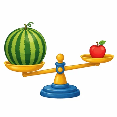 A balance scale comparing a watermelon and a small apple.