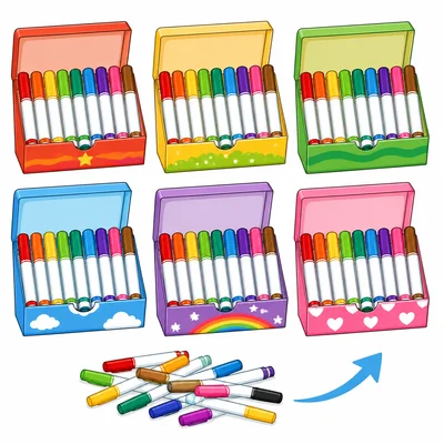 Six boxes of markers with some markers taken away.