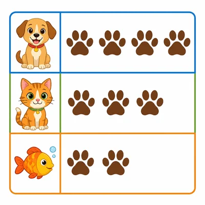A pet picture graph with paw prints for dogs, cats, and fish.