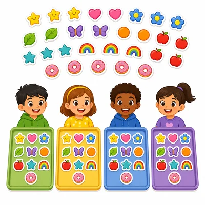 Stickers divided equally among four students.