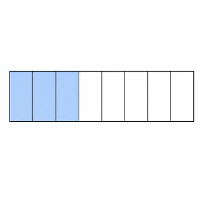 A rectangle divided into eight equal parts with three parts shaded.