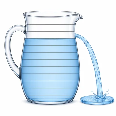 A pitcher divided into twelfths with water being poured out.
