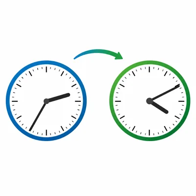 Two clocks showing a start time and an end time with an arrow between them.