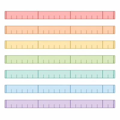 Seven measuring strips, each divided into twelve equal parts.