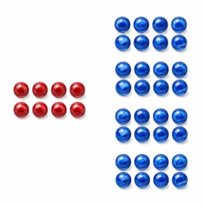 Eight red marbles and four equal groups of eight blue marbles.