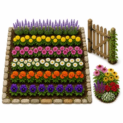 A garden with rows of flowers and an extra group near a gate.
