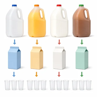 Large jugs, medium cartons, and small cups representing liquid capacity units.
