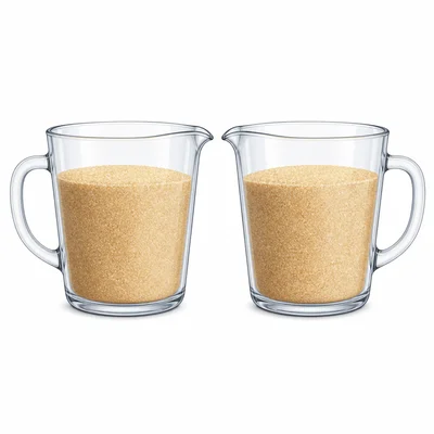 Two measuring cups each filled about three quarters with sugar.