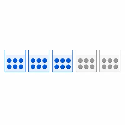 Five equal groups of counters with three groups highlighted.