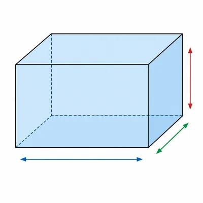 A rectangular prism with arrows showing length, width, and height.